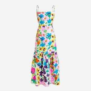 J.Crew Tiered Silk Dress Twill Vibrant Garden Floral Midi Dress